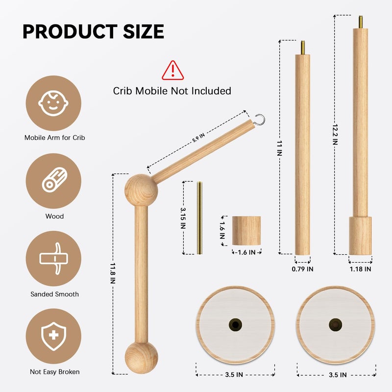 FEISIKE Crib Mobile Arm, Natural Beech Wooden Mobile Arm for Crib, Baby Mobile Hanger for Girls Boys Baby Nursery Decor 33.86 inch - Image 5